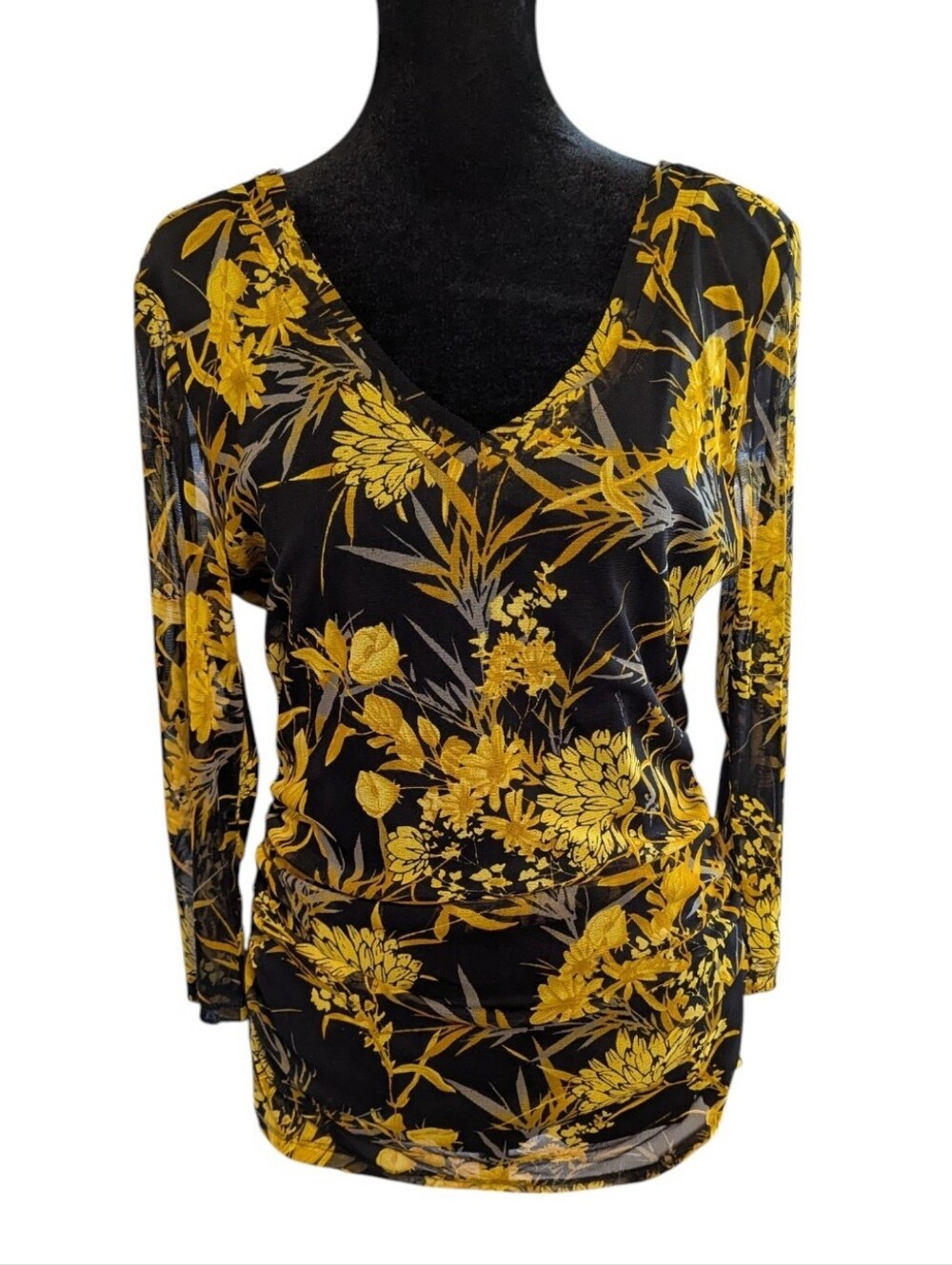 INC International Concepts Sheer Black And Yellow Floral Top Tunic Size large